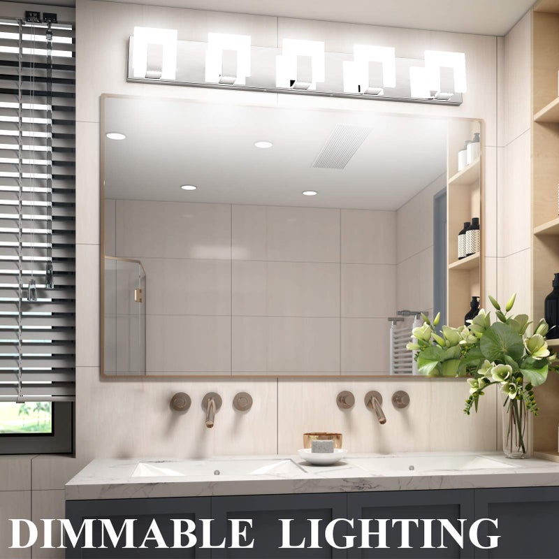 Aipsun Modern 5-Light LED Vanity Light - Dimmable Chrome Bathroom Wall Light Over Mirror (White Light) - Image 5
